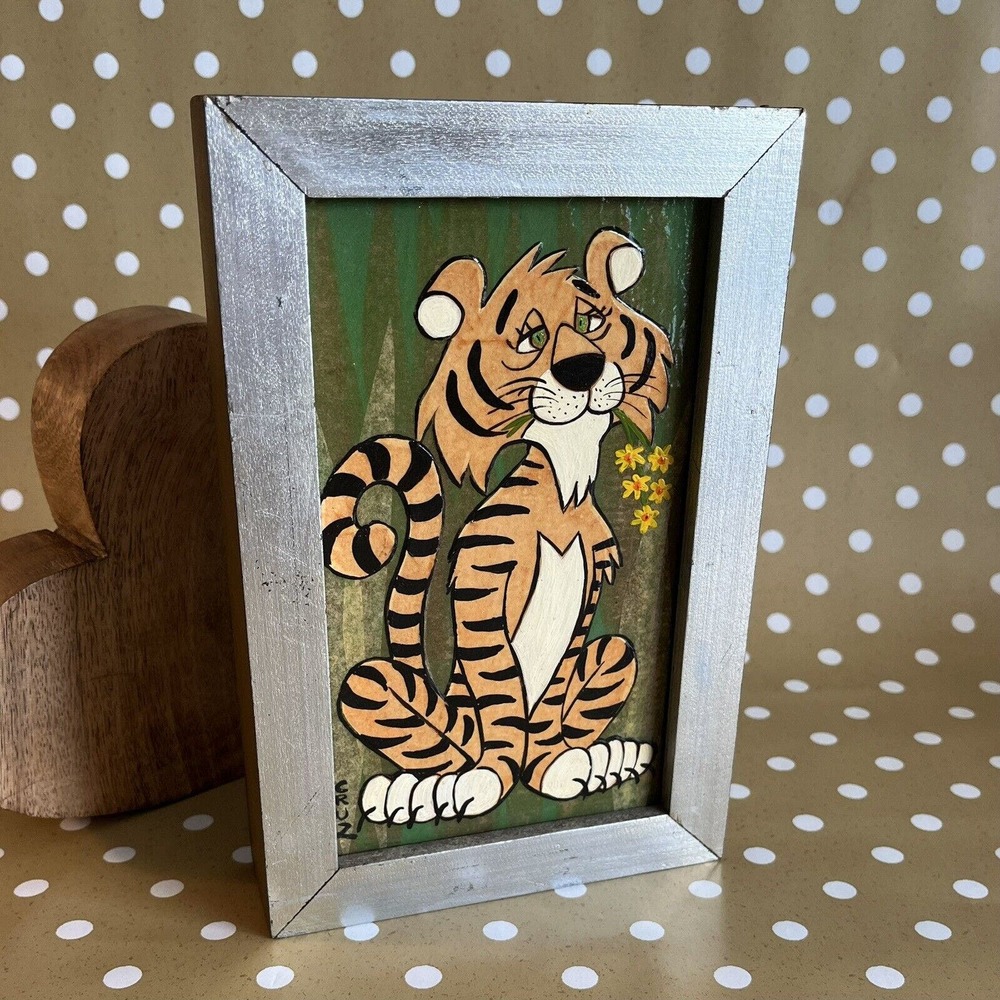 Vintage Tiger Cat Lion Art Framed Wall Decor Kitsch Original Painting by Cruz
